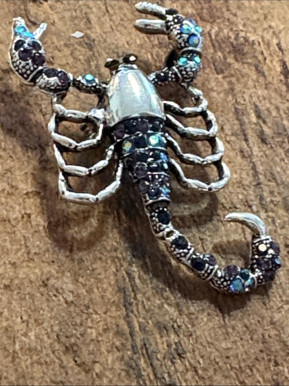 Silver-Tone Scorpion Brooch with Black and Teal Crystals